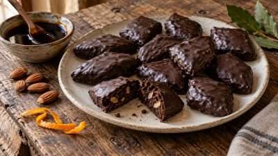 Mostaccioli abruzzesi al mosto cotto ricoperti di cioccolato fondente, uno spezzato a metà con le mandorle a vista.